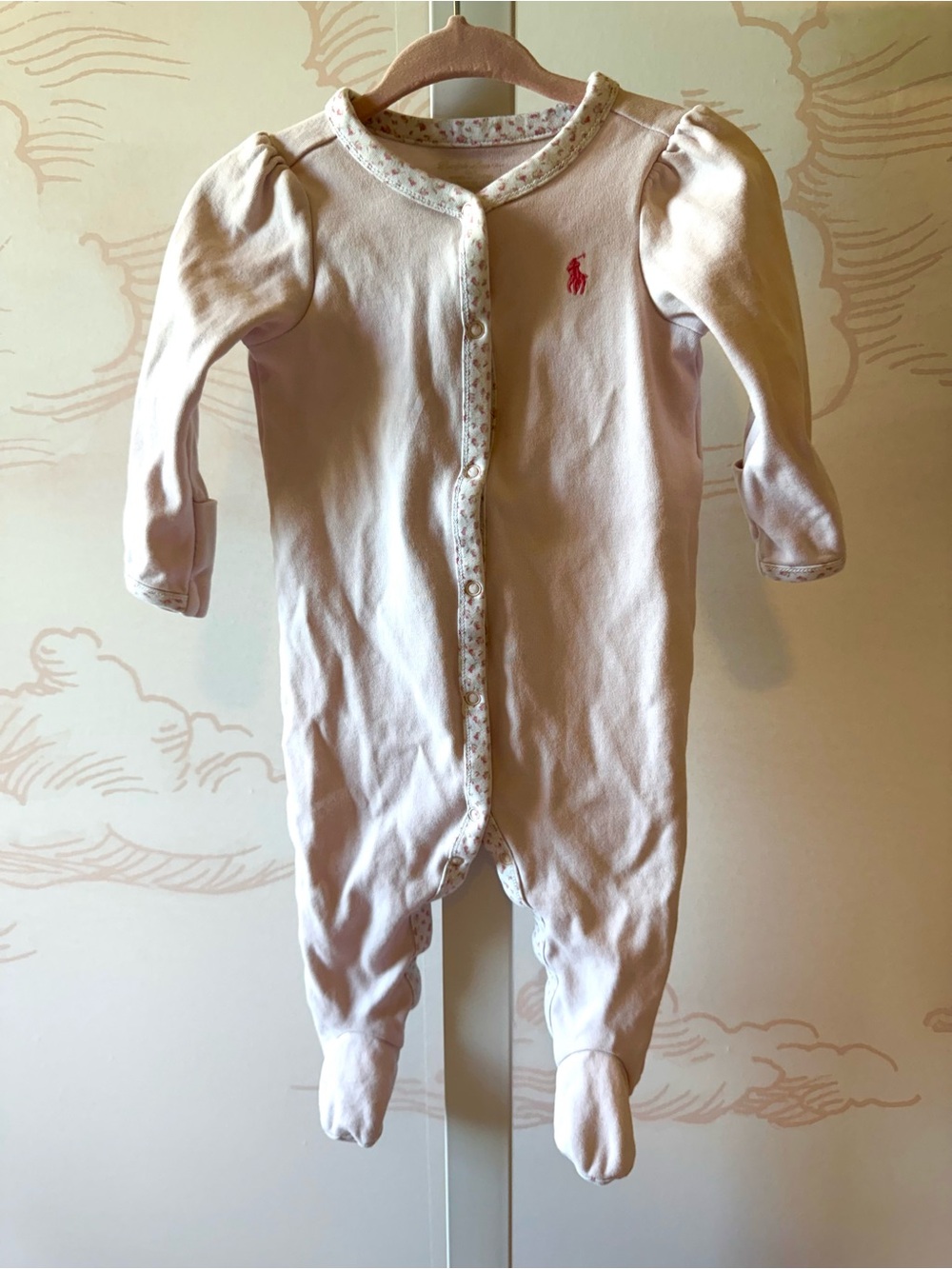 Ralph Lauren Light Pink Footed One-Piece with Floral Trim 6 months